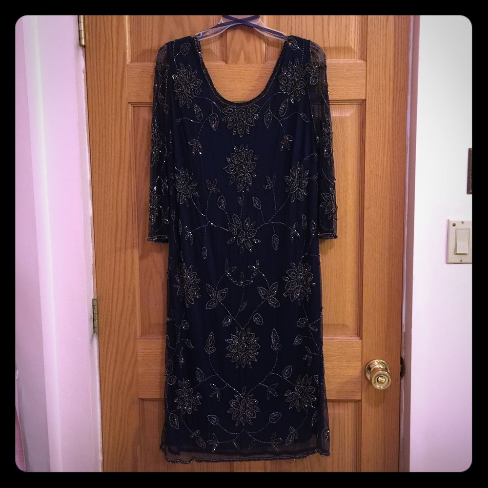Pisarro Nights Navy Beaded Long Sleeve Sheer Overlay Dress